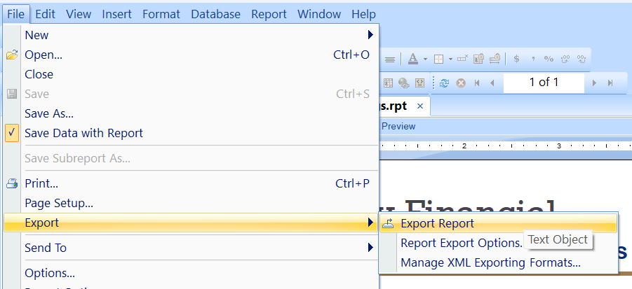 Crystal Reports File Export Export Report menu