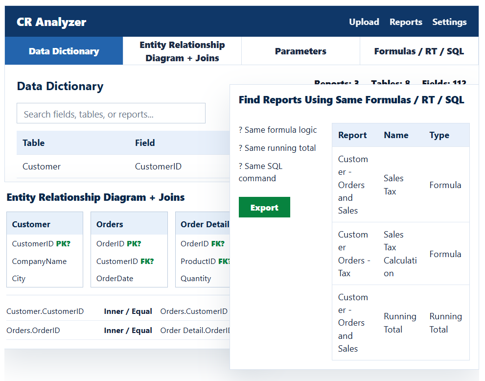 Crystal Report Analyzer Data Dictionary and ER Diagram screen